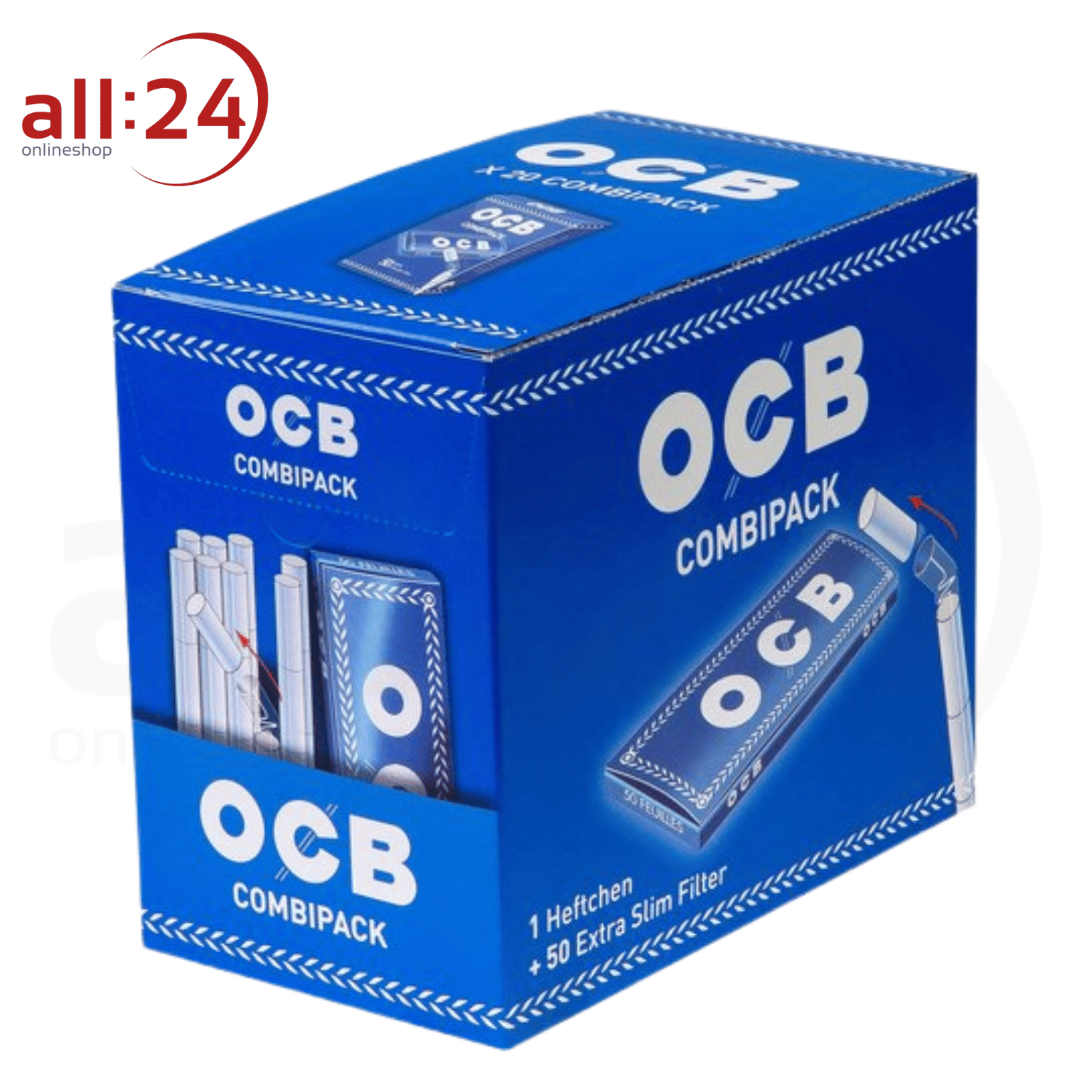 BOX 20 OCB Blau Combipack: 50 Zigarettenpapiere + 50 Extra Slim Filter