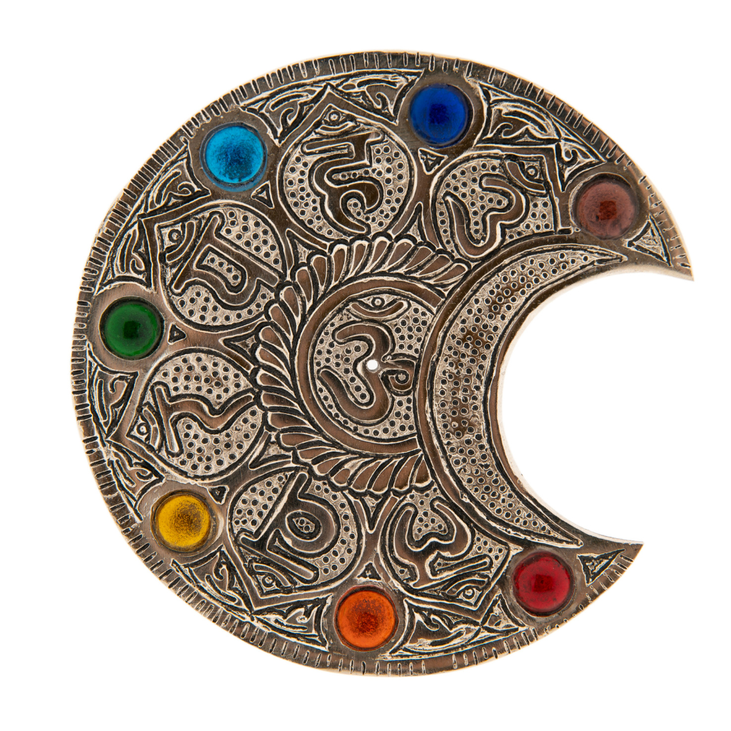 Räucherstäbchenhalter Mond mit Chakraglassteinchen und Mantra Weißmetall