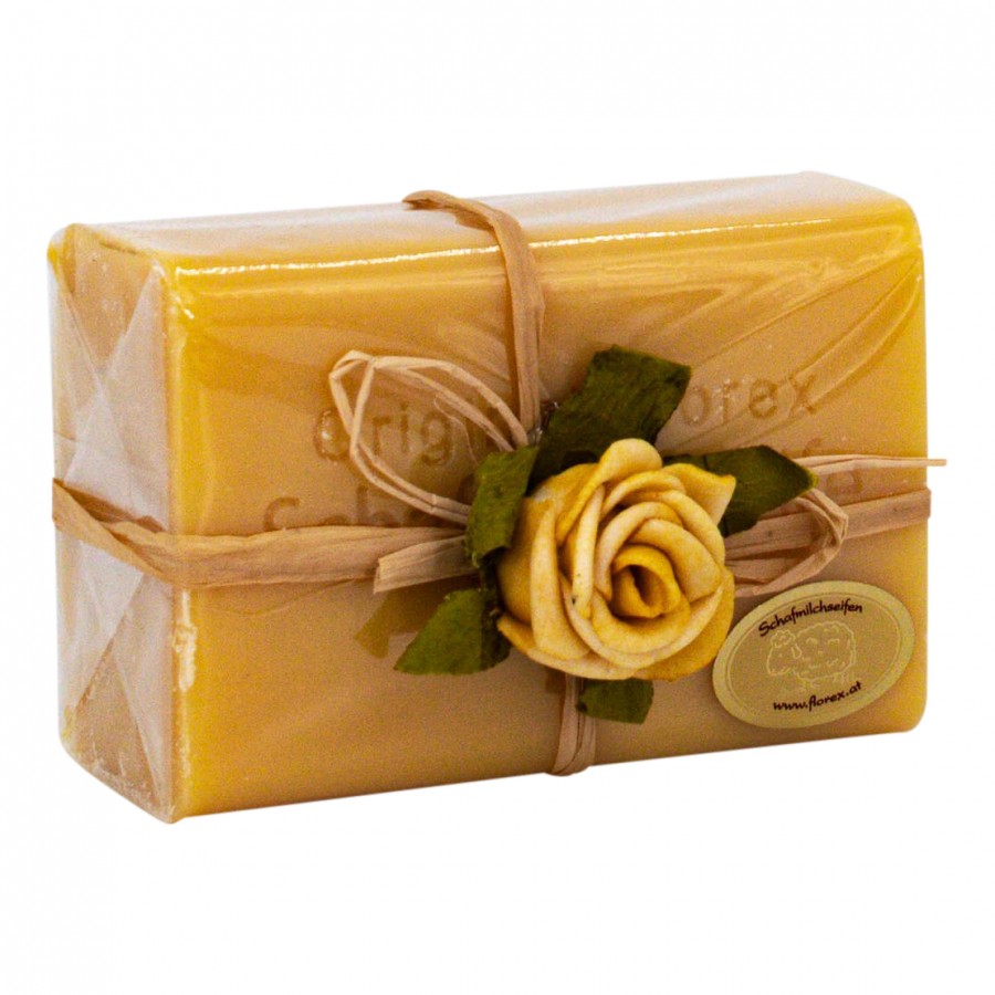 Zirbe Schafmilchseife 100g verpackt mit Rose