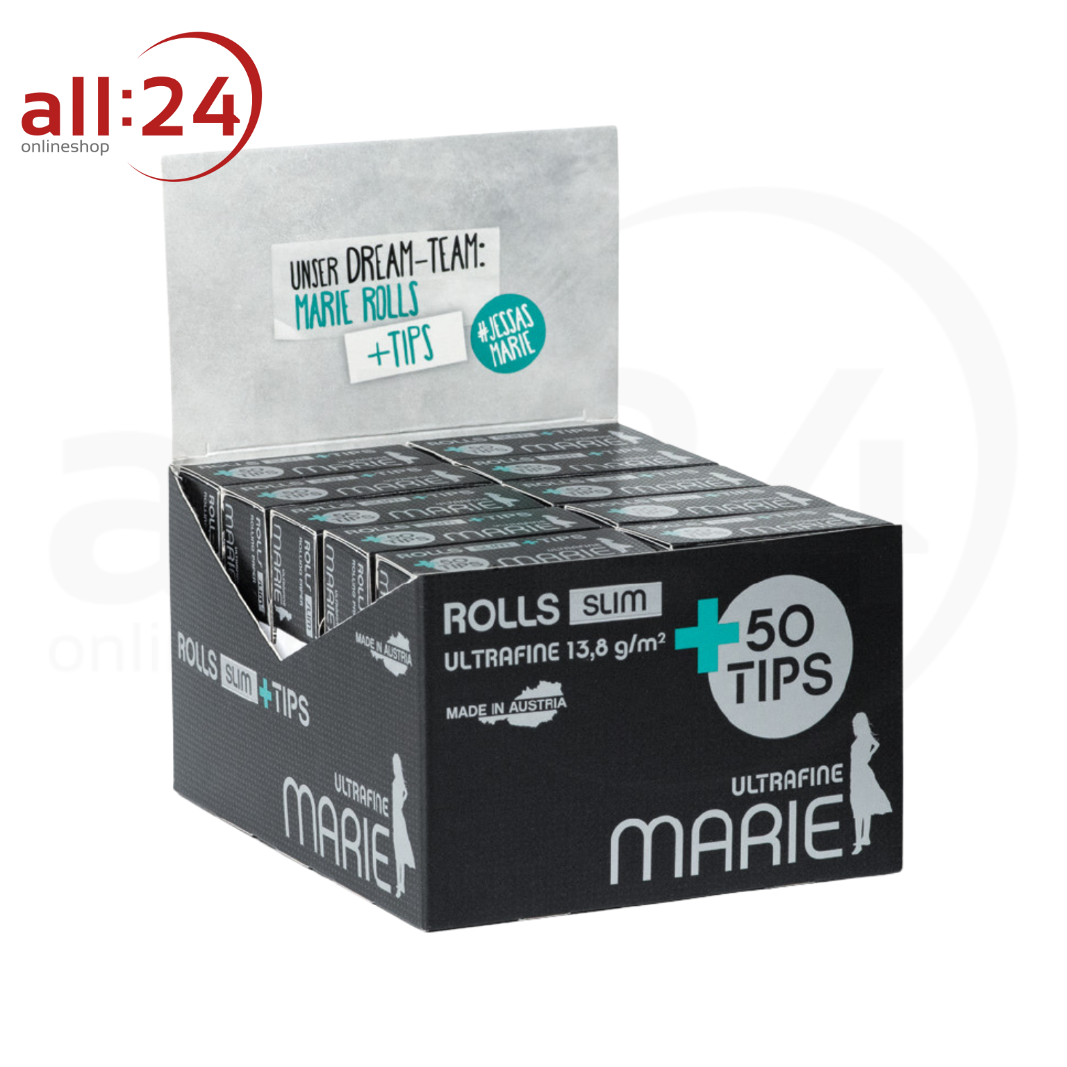 BOX MARIE Rolls Ultrafine Slim Zigarettenpapier mit Filtertips - 20 Stück