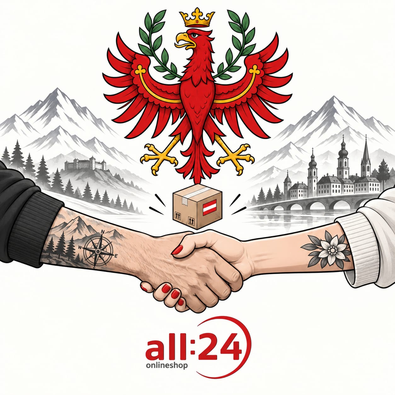 Handschlag vor Tiroler Bergen mit Tiroler Adler und all24-Logo