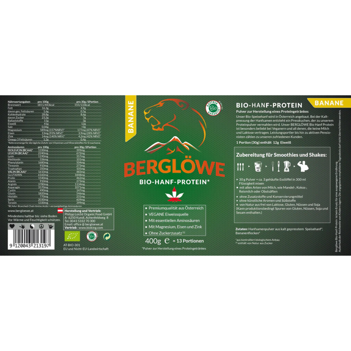 Berglöwe Bio Hanfprotein Banane Vegan ohne Zuckerzusatz 400g