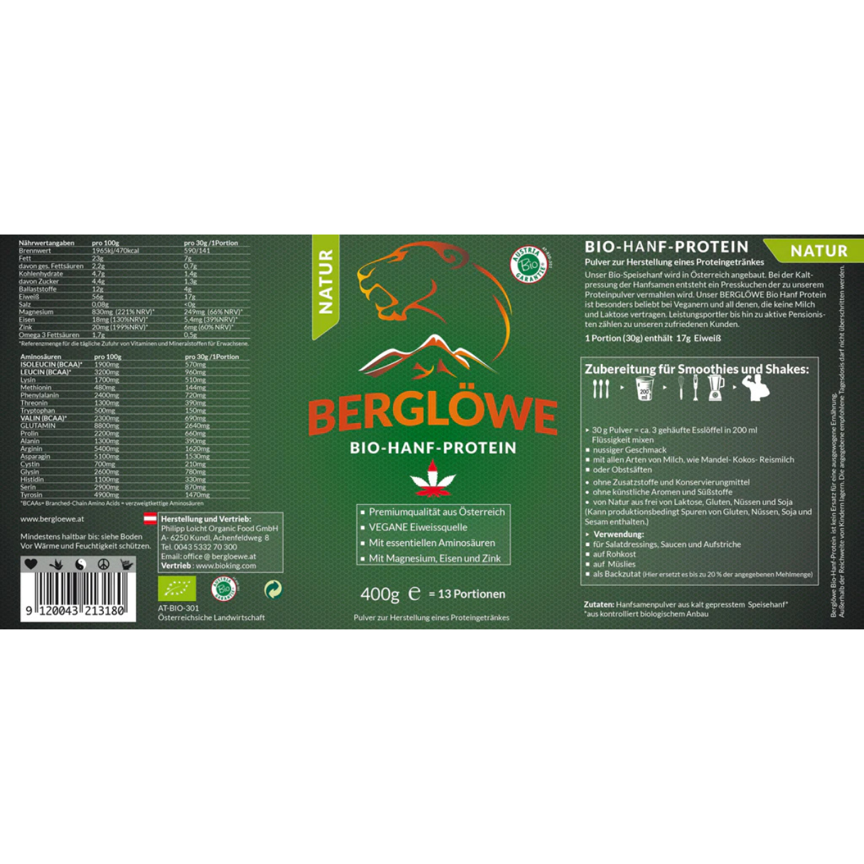 Berglöwe Bio Hanfprotein Natur Vegan