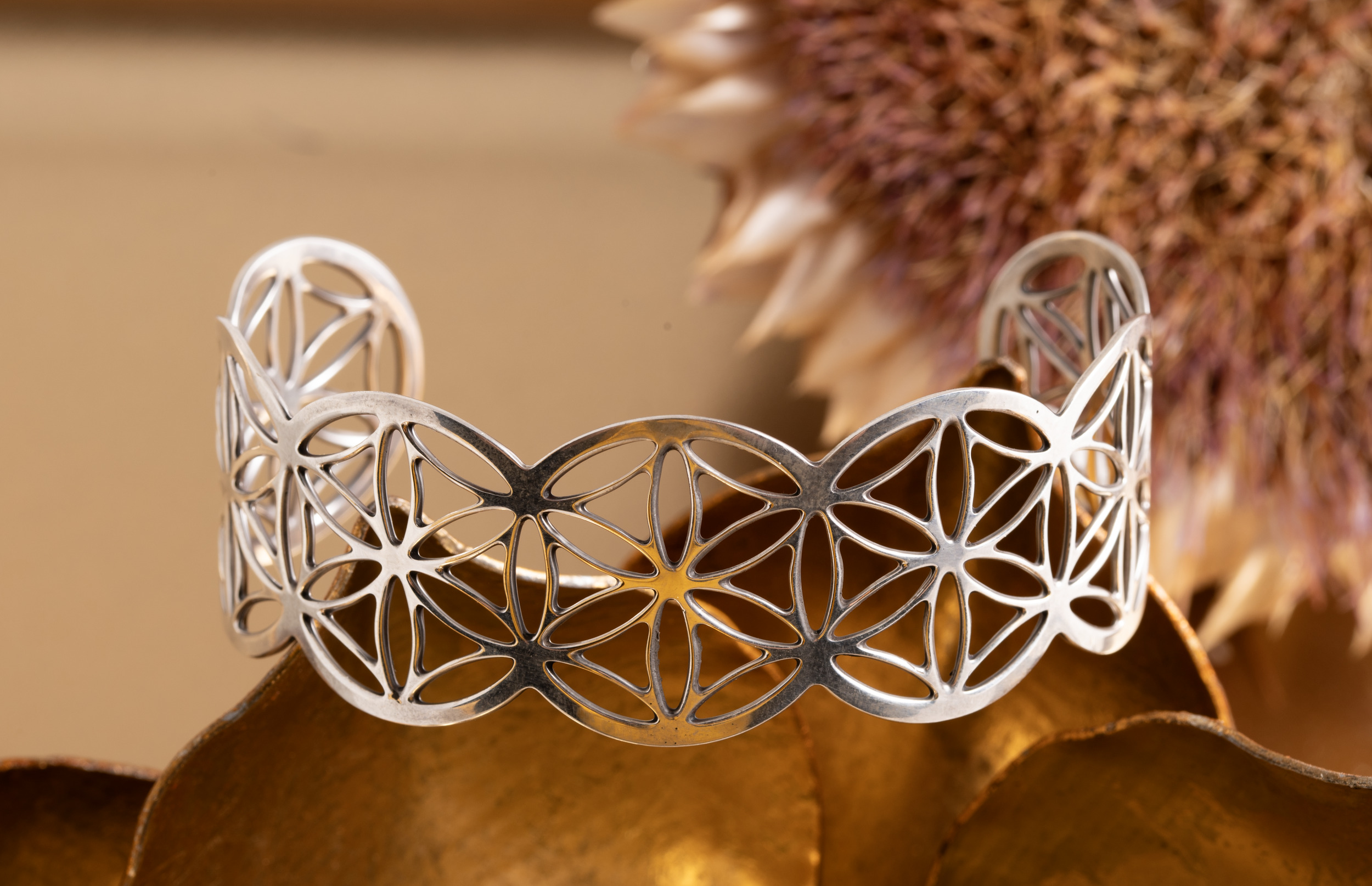 Berk Blume des Lebens Armreif klein, Messing versilbert