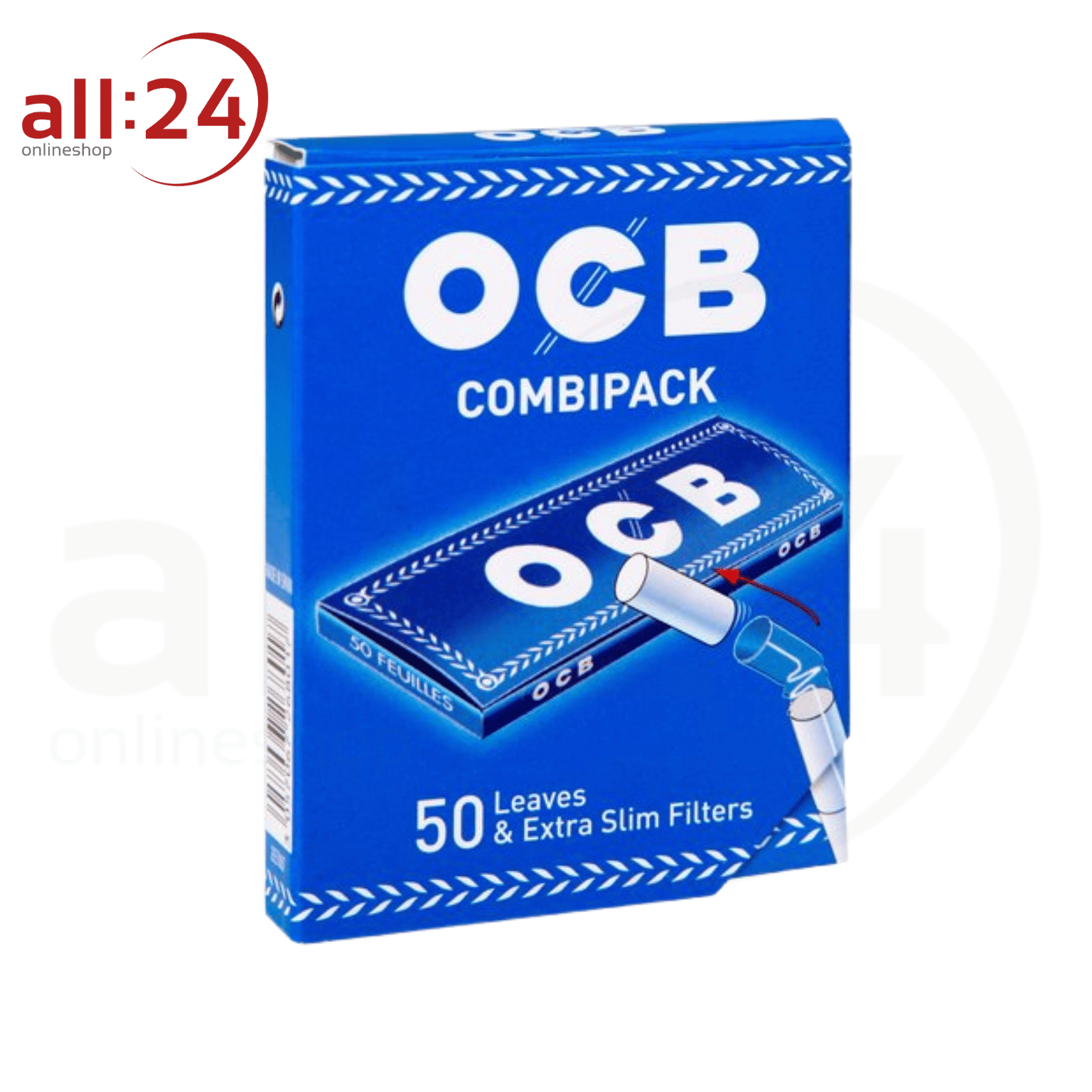 BOX 20 OCB Blau Combipack: 50 Zigarettenpapiere + 50 Extra Slim Filter