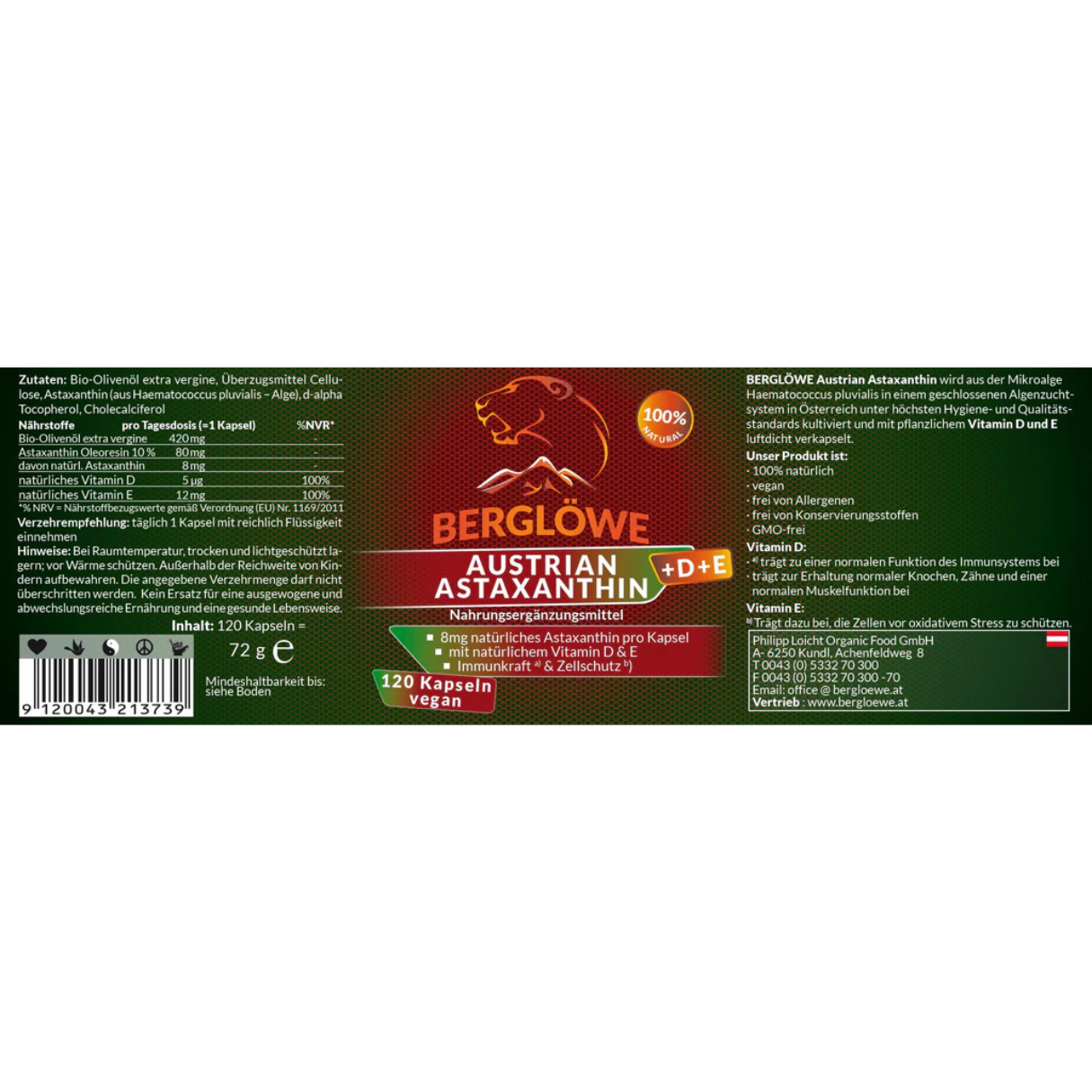 Berglöwe Österreichisches Astaxanthin + Viamin D3 + Vitamin E