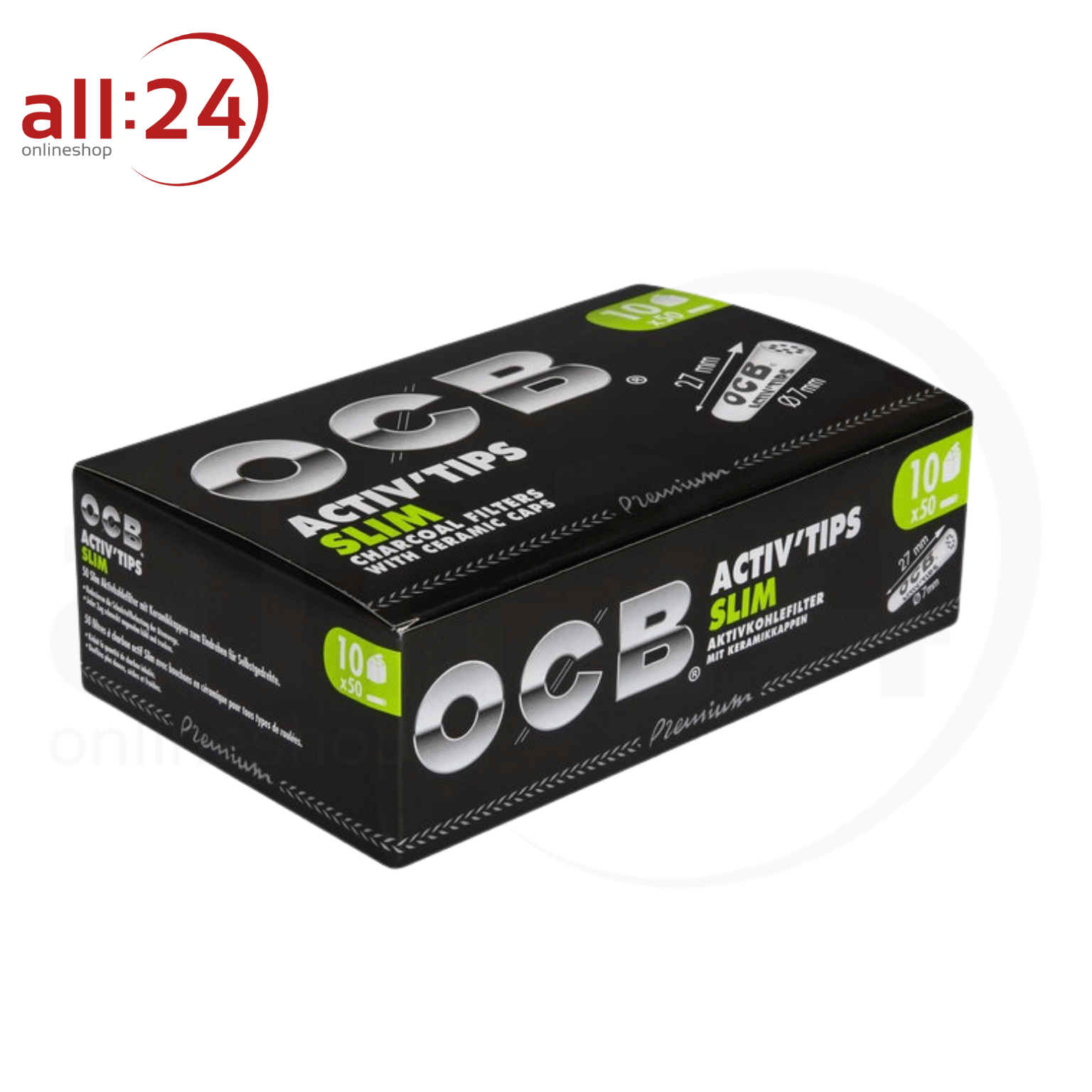 OCB Premium Activ Tips Slim 7mm Aktivkohlefilter - 10er Pack à 50 Filter