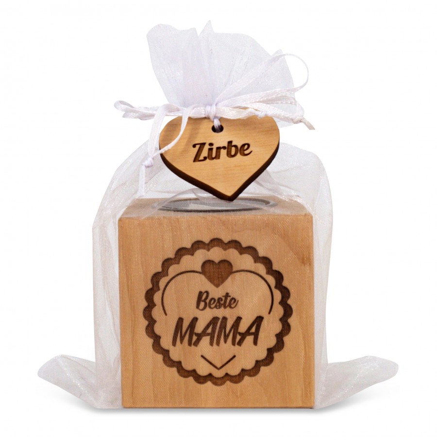 Teelichthalter aus Zirbenholz 7x7cm Mama