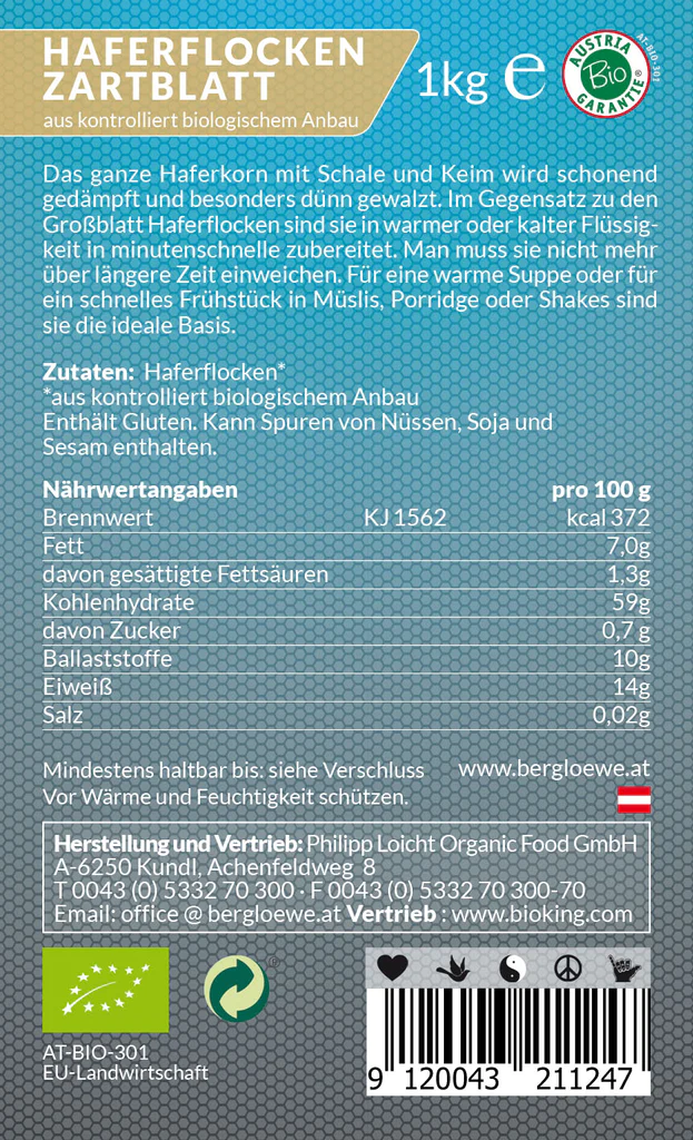 Berglöwe Bio Haferflocken Zartblatt Vegan, 1000g