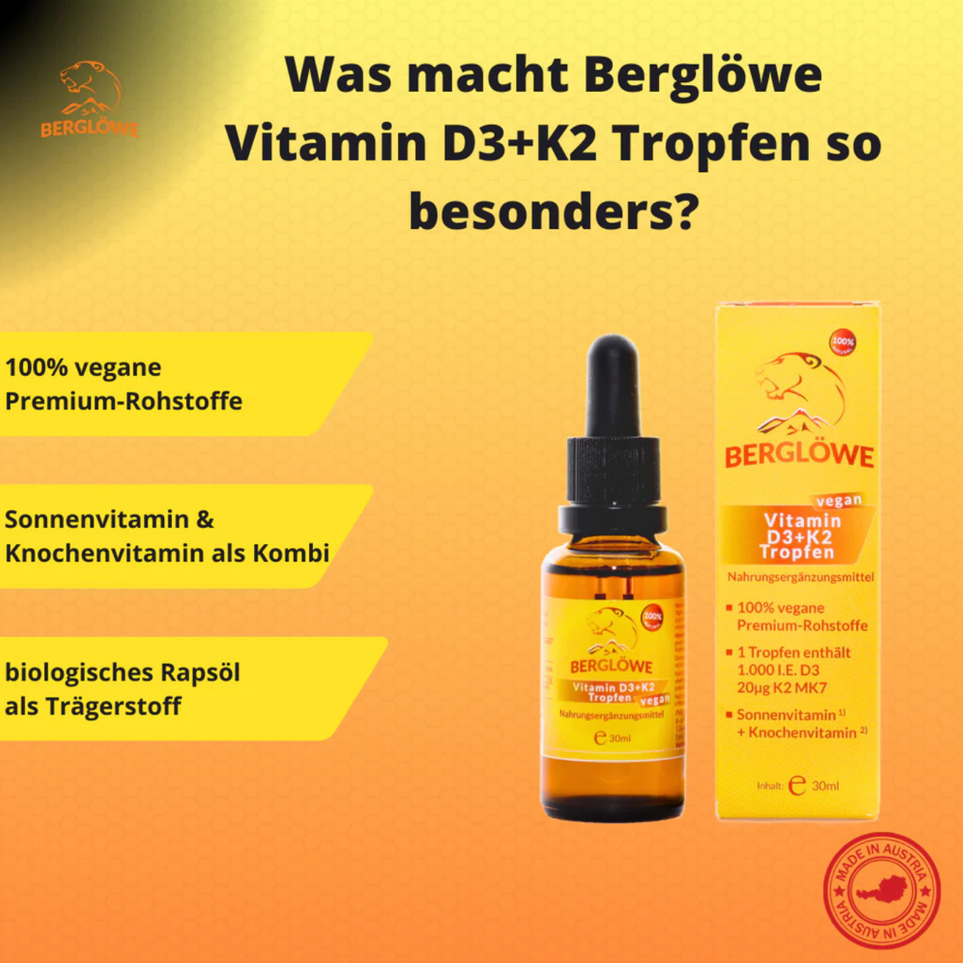 Berglöwe Flüssiges Vitamin D3 + K2 Tropfen 30ml Vegan