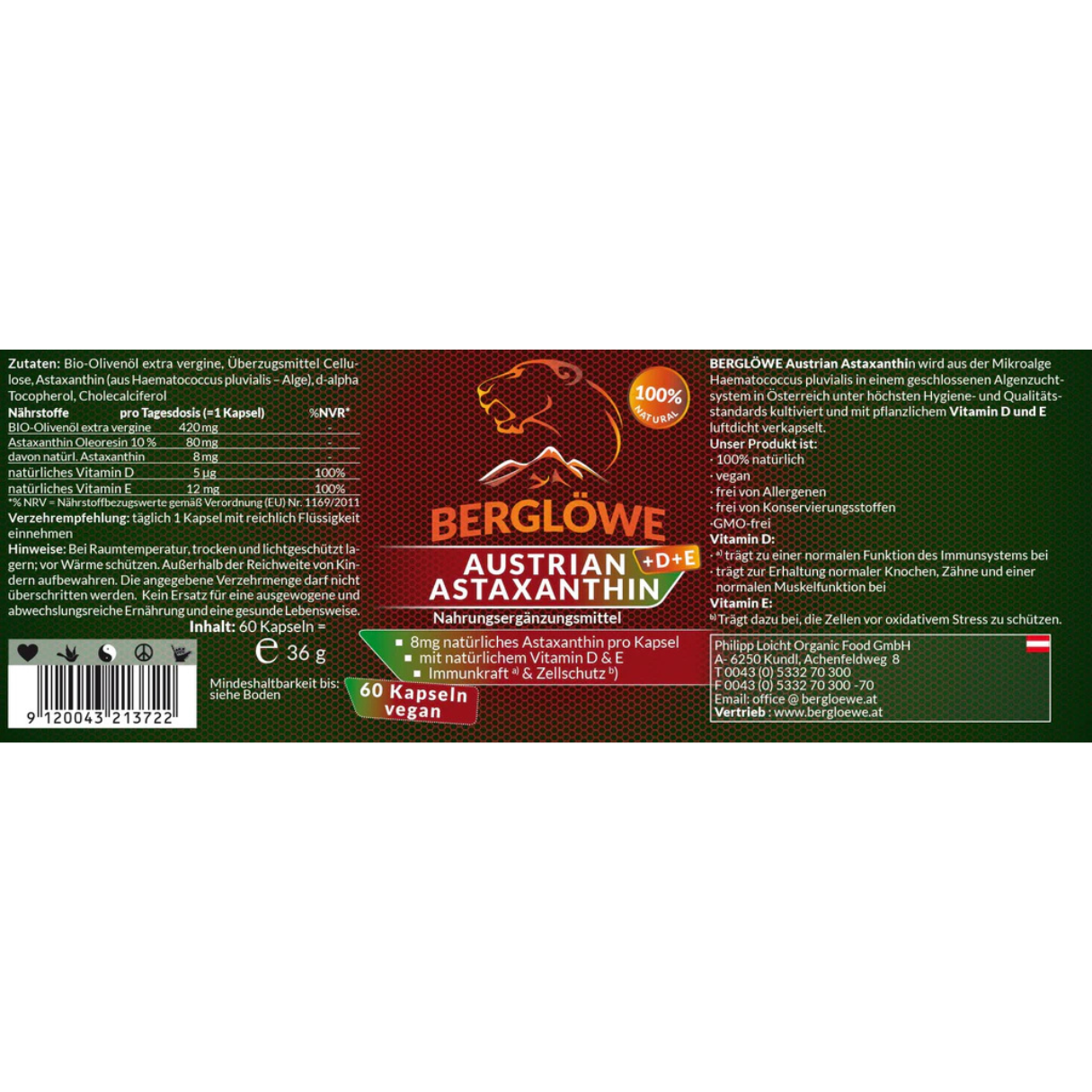 Berglöwe Österreichisches Astaxanthin + Viamin D3 + Vitamin E