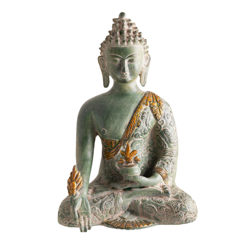 Medizin Buddha Statue aus Messing, grünem Sandstein mit Gold Finish 