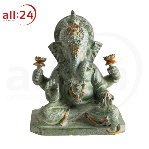 Ganesha Statue Antik Grün mit Gold Finish 