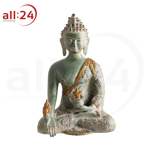 Medizin Buddha Statue aus Messing, grünem Sandstein mit Gold Finish 