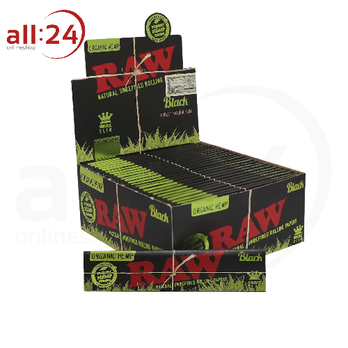 BOX RAW Black Rolling Papers Organic Hemp King Size, 50 Stück 