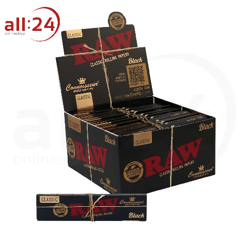 BOX RAW Black Rolling Paper Connoisseur King Size Slim + Tips, 24 Stück 