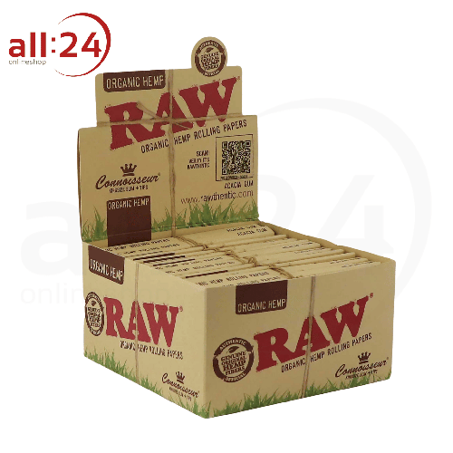 BOX RAW Rolling Paper Connoisseur ORGANIC HEMP mit Filter Tips, 24 Stück 