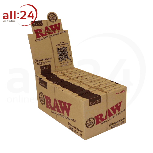 BOX RAW Rolling Paper Connoisseur Single Wide + Tips, 24 Stück 