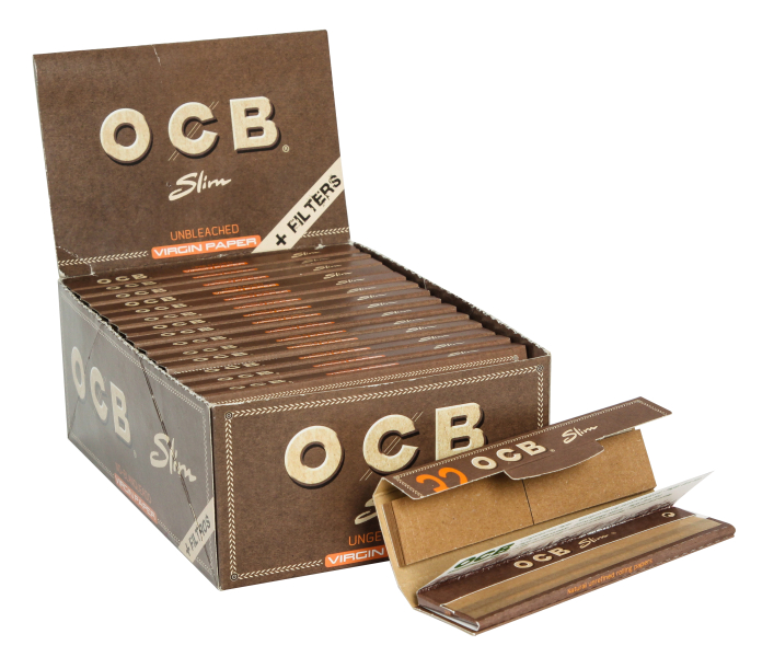 BOX OCB Unbleached Virgin King Size Slim Zigarettenpapier + TIPS, 32 Stück 