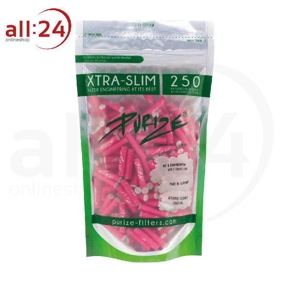 PURIZE Xtra Slim Aktivkohlefilter 250 Stück Ø 5,9mm Pink
