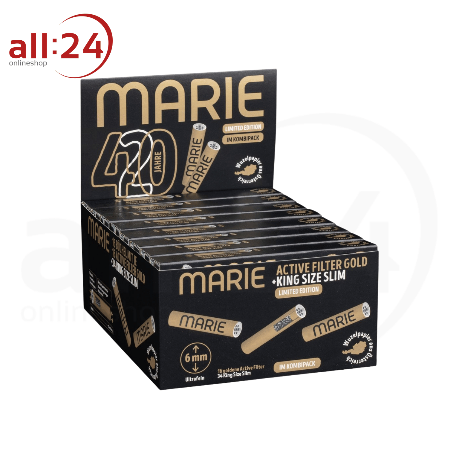 BOX MARIE Active Filter Gold + King Size Slim Zigarettenpapier - 16 Stück 