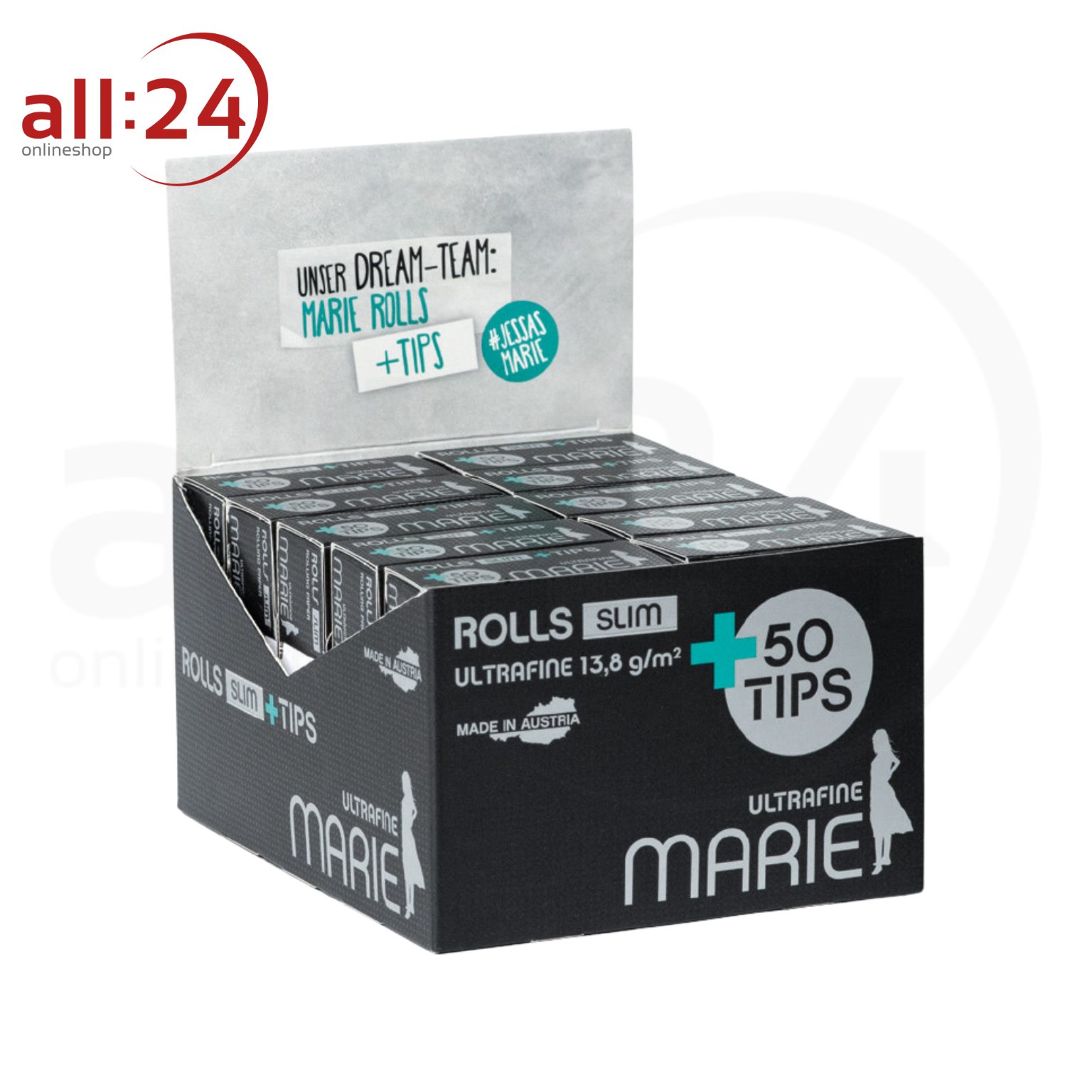 BOX MARIE Rolls Ultrafine Slim Zigarettenpapier mit Filtertips - 20 Stück 