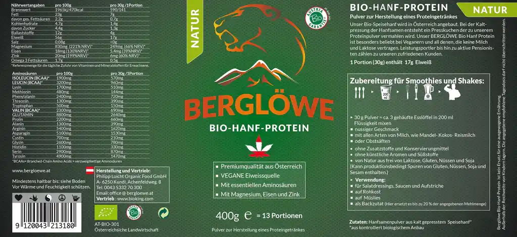 Berglöwe Bio Hanfprotein Natur Vegan, 400g-1kg 400g