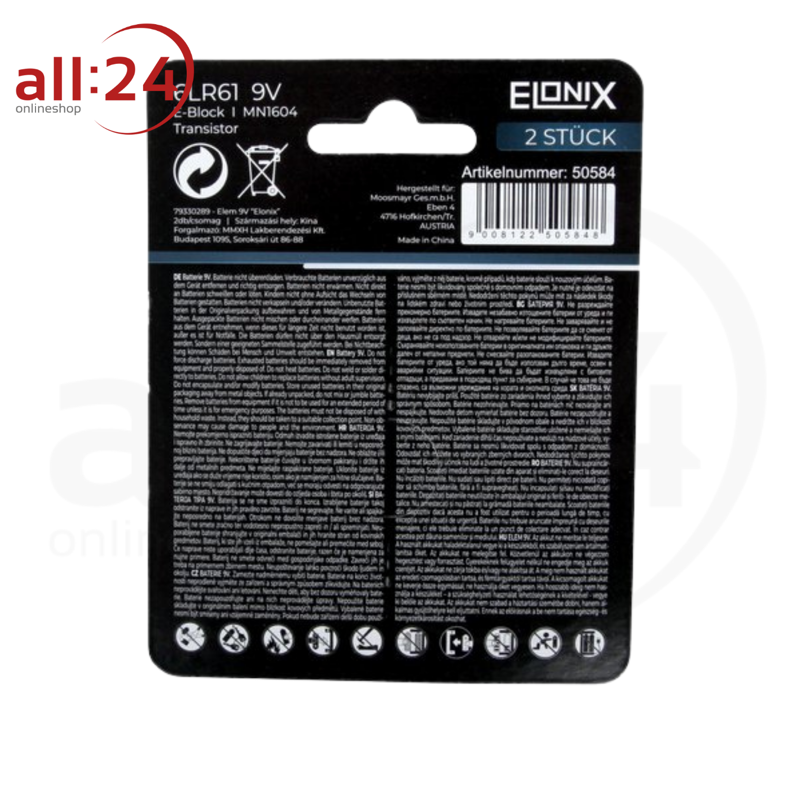 ELONIX Alkaline Batterie Block 9V 2 Stk. 