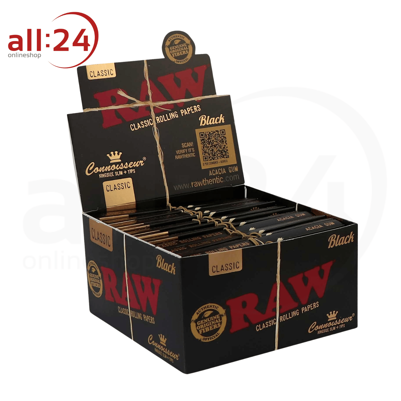 BOX RAW Black Rolling Paper Connoisseur King Size Slim + Tips, 24 Stück 