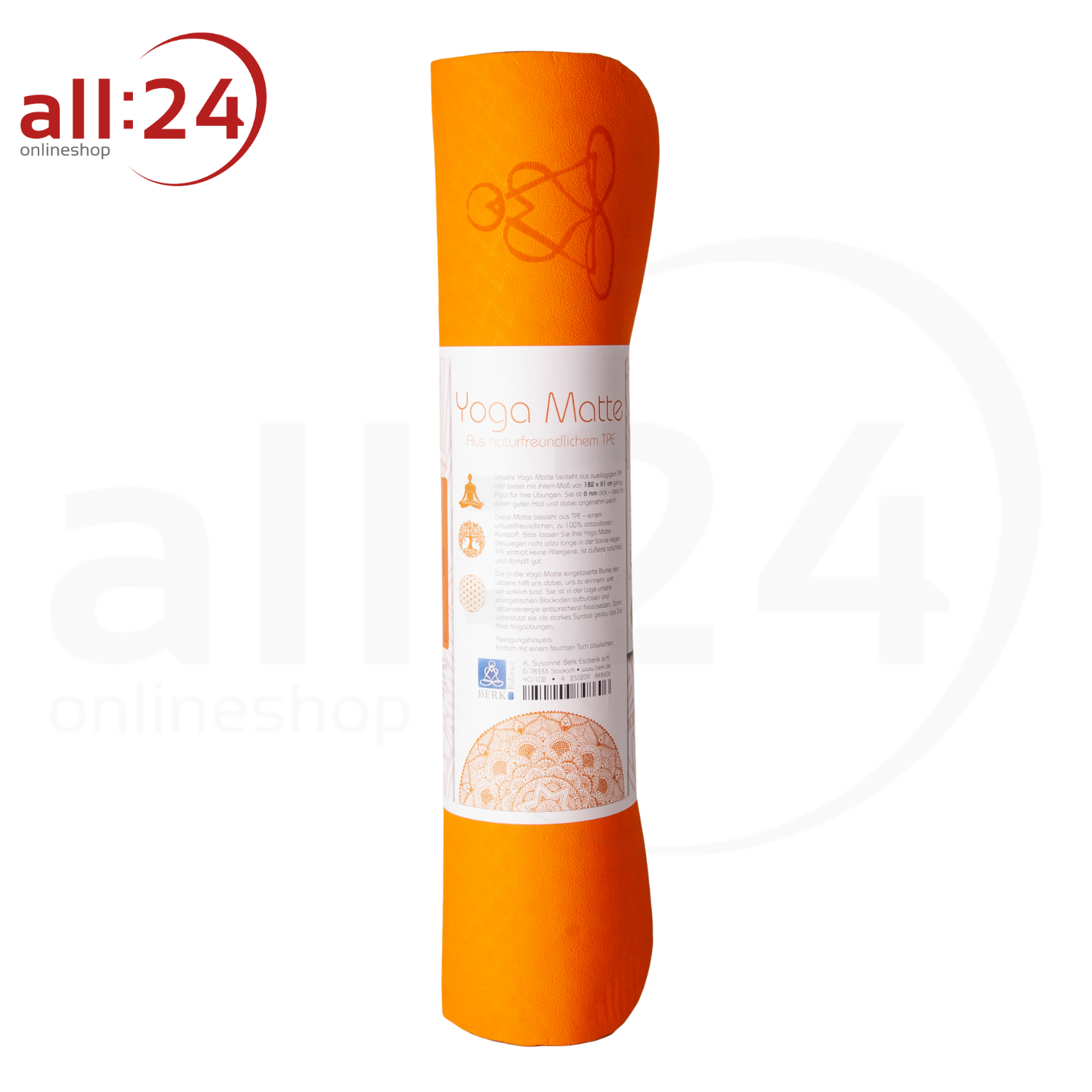 Yogamatte TPE Orange mit Blume des Lebens 