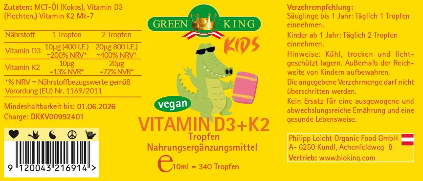 GreenKing Vitamin D3 + K2 für Kinder 