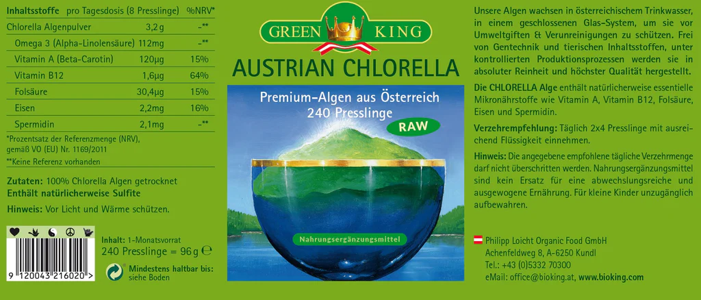 GreenKing Chlorella-Algen aus Österreich, 240 Presslinge 