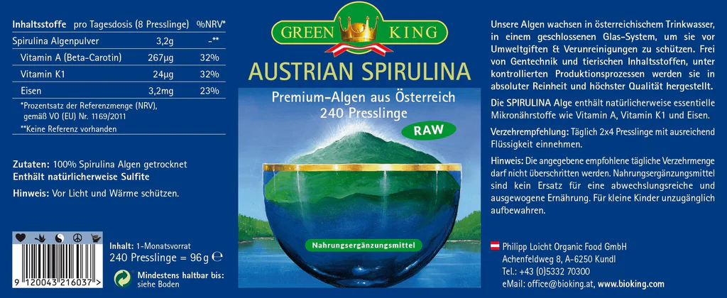 GreenKing Bio Spirulina-Algen aus Österreich, 240 Presslinge 