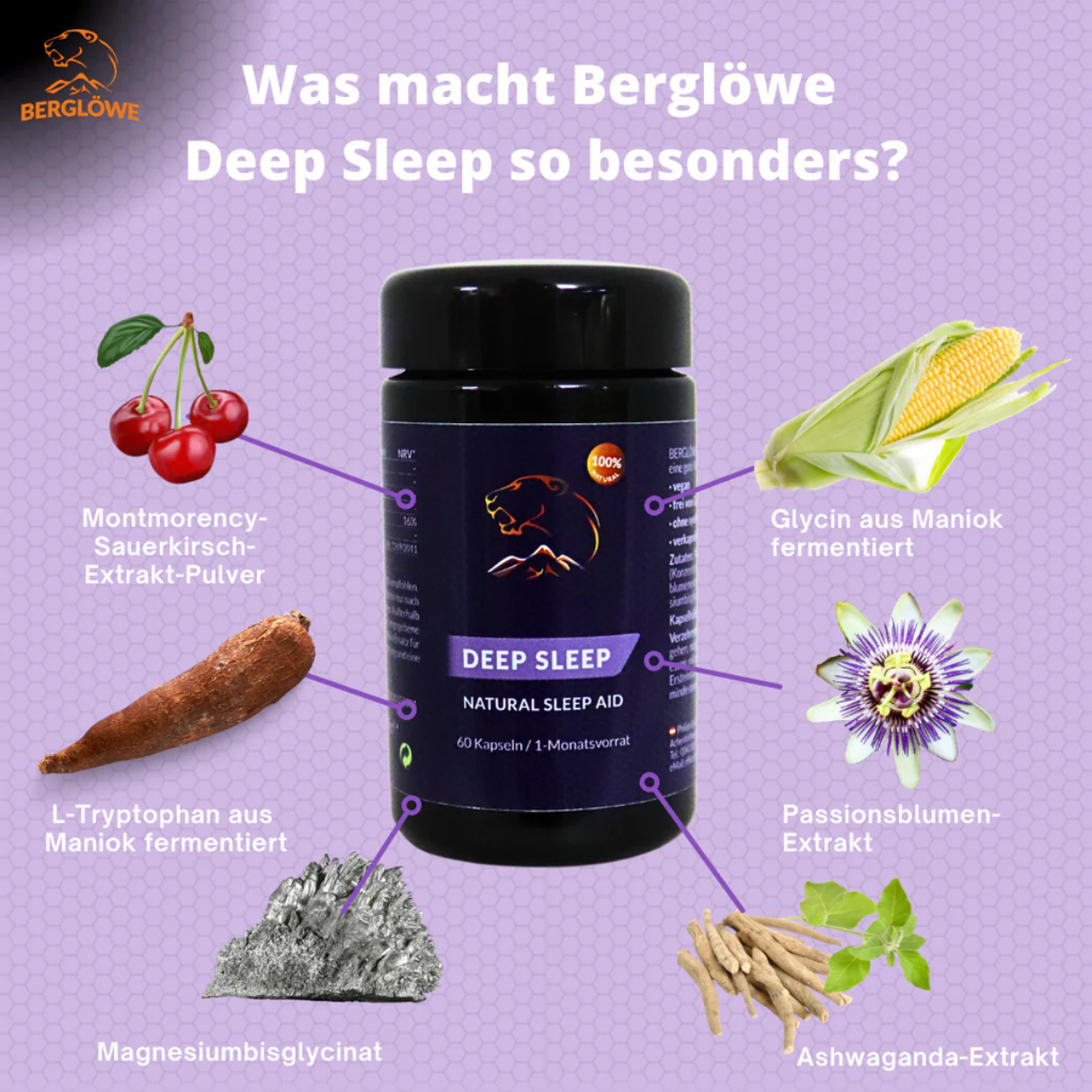 Berglöwe Deep Sleep Kapseln Natürliche Schlafhilfe 60 Stück 