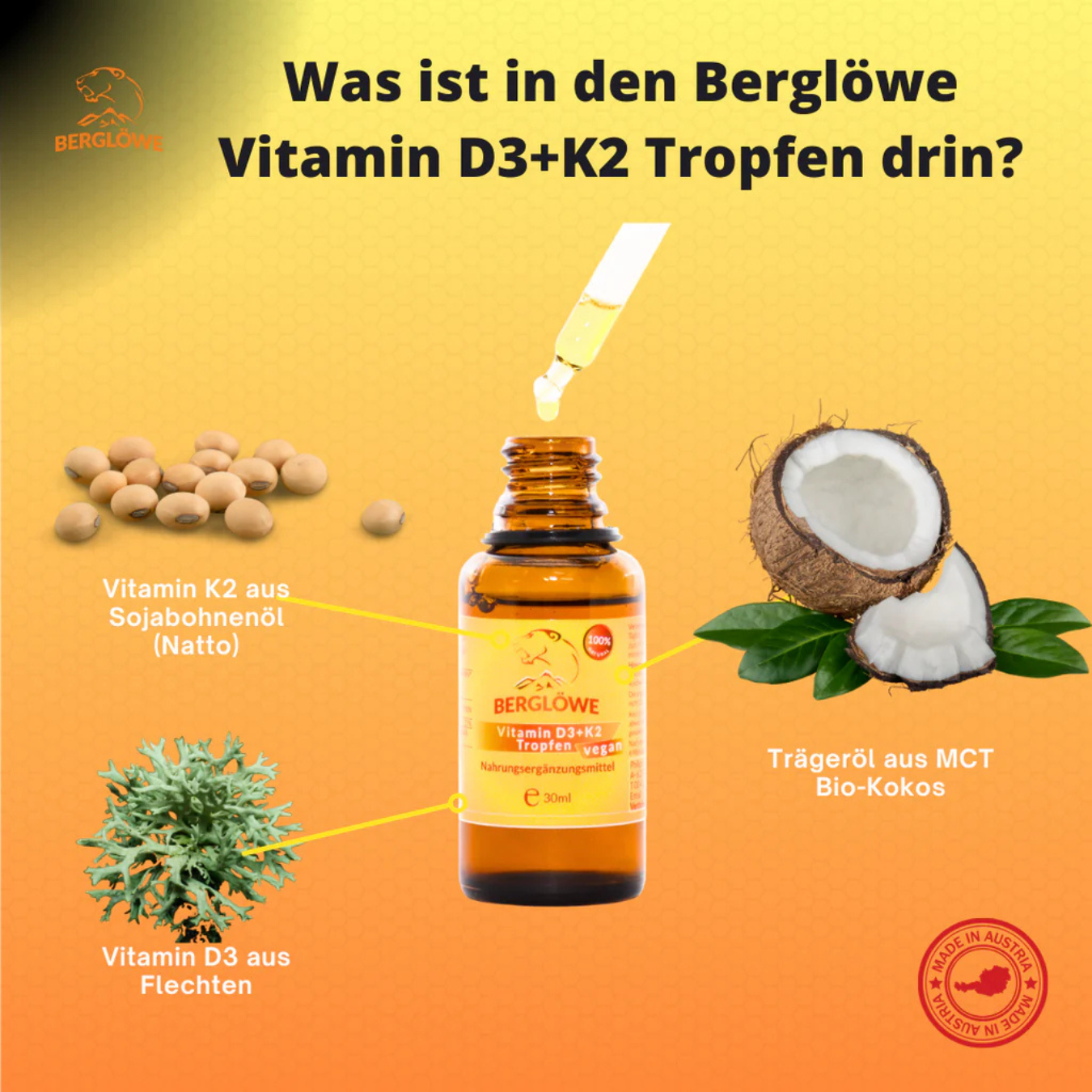 Berglöwe Flüssiges Vitamin D3 + K2 Tropfen 30ml Vegan 