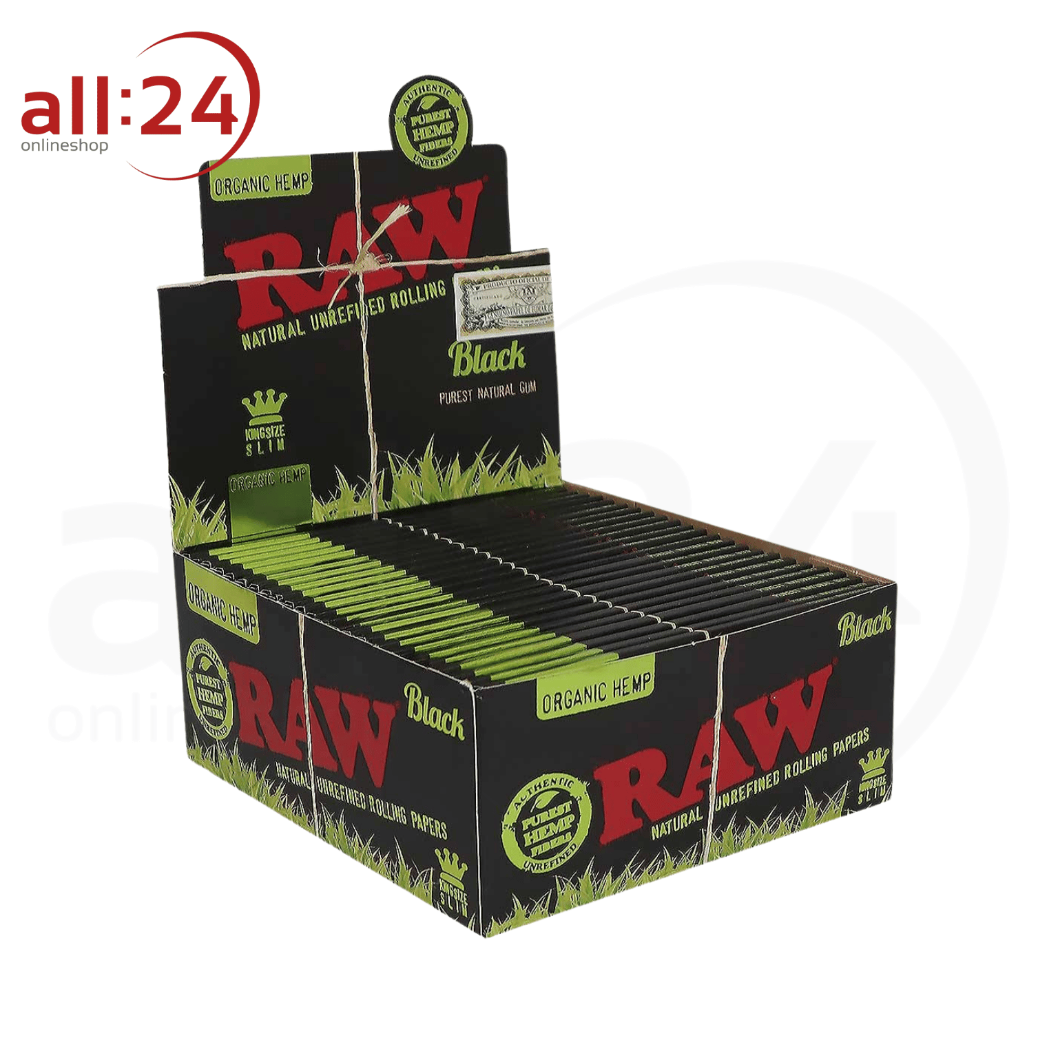 BOX RAW Black Rolling Papers Organic Hemp King Size, 50 Stück 