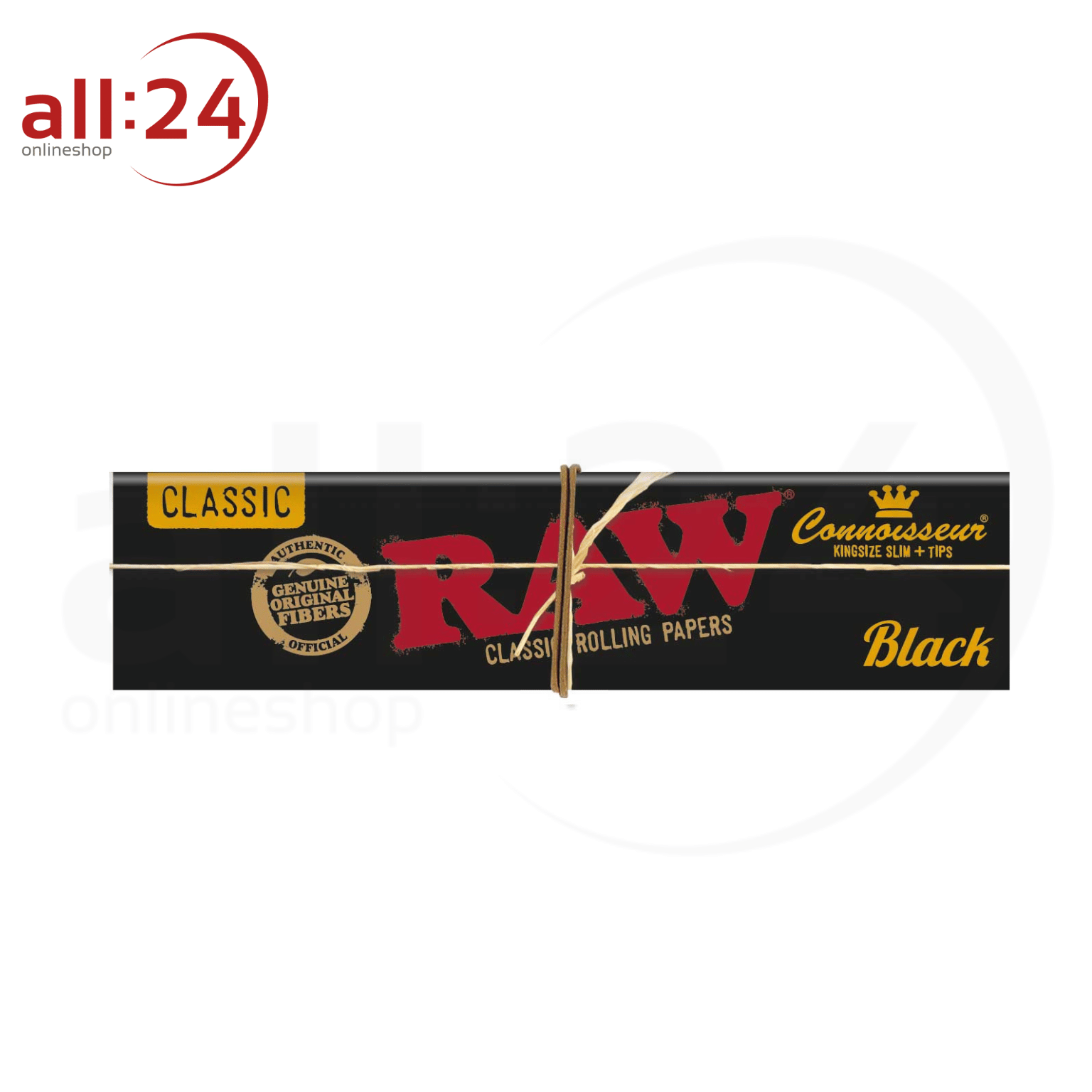 BOX RAW Black Rolling Paper Connoisseur King Size Slim + Tips, 24 Stück 