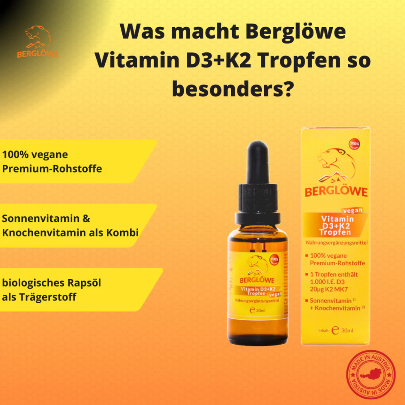 Berglöwe Flüssiges Vitamin D3 + K2 Tropfen 30ml Vegan 