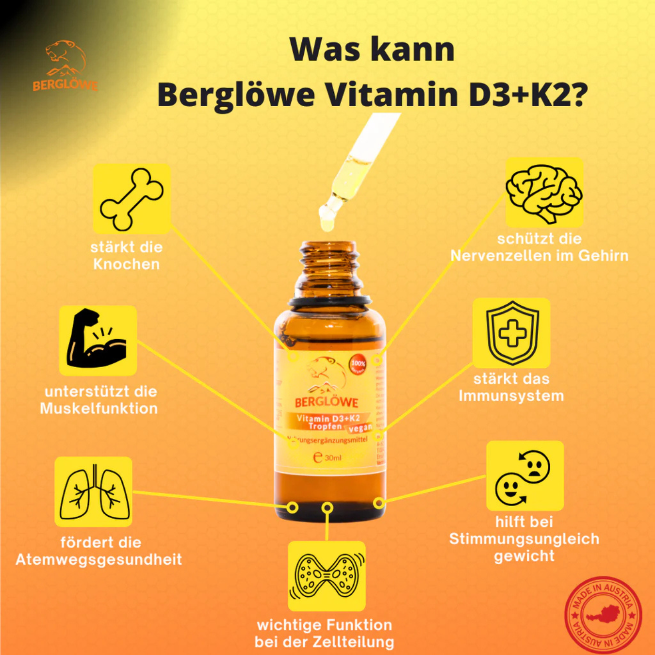 Berglöwe Flüssiges Vitamin D3 + K2 Tropfen 30ml Vegan 